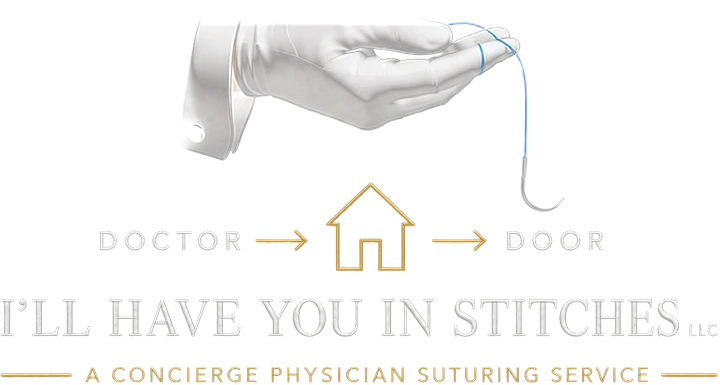 I'll Have You In Stitches L.L.C. logo: a gloved hand holding a curved suture needle, Doctor to Door